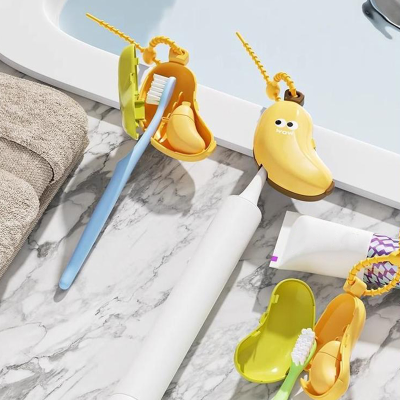 Bonita cubierta protectora para cabezal de cepillo de dientes en forma de plátano con compartimento para pasta de dientes, caja de almacenamiento portátil con abrazadera para polvo de viaje