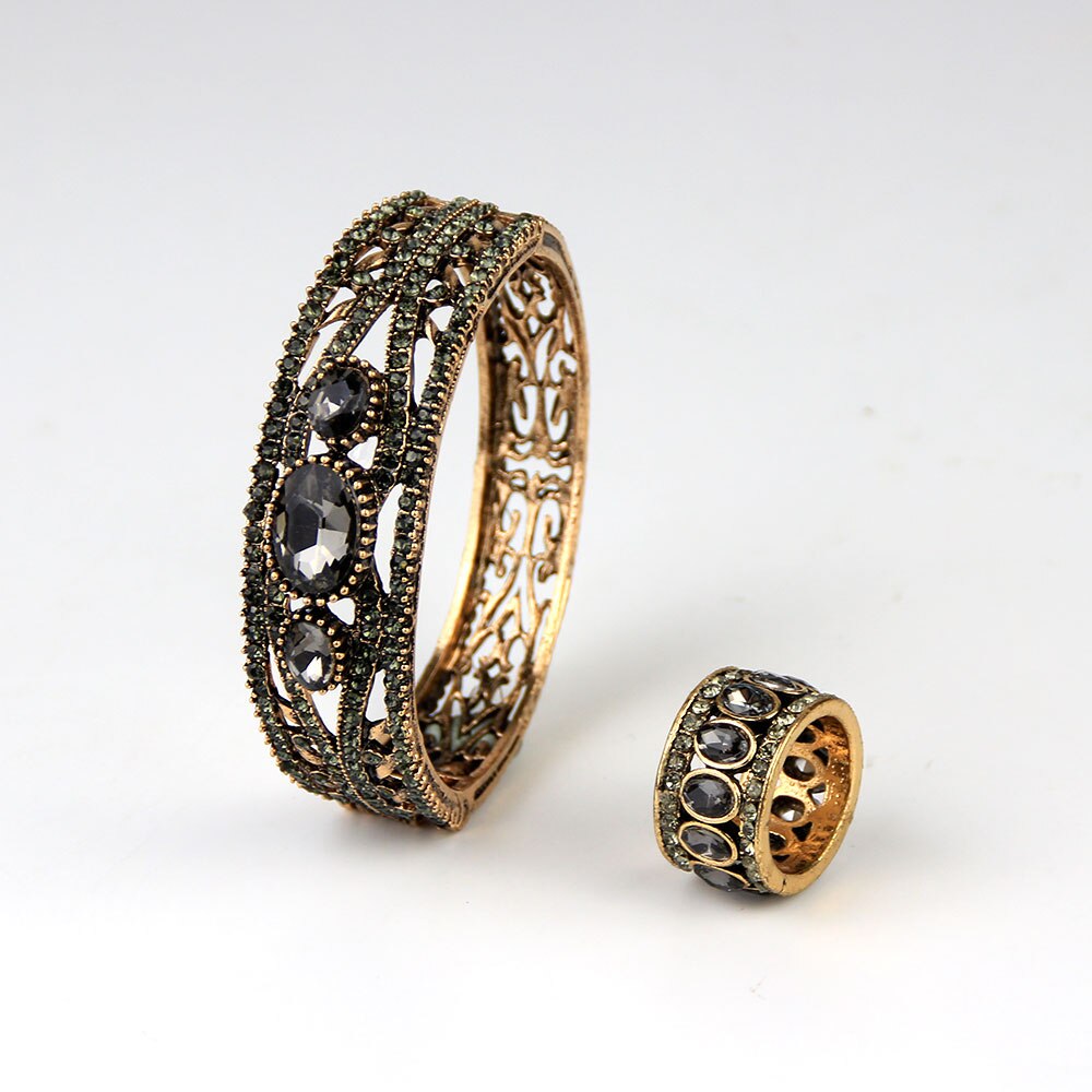 Z motywem tureckim w stylu klasyczny żywica bransoletka pierścień zestawy biżuterii kobiety antyczny złoty kolor bijoux indie kryształ ślub kwiatowy biżuteria etniczna prezent: 017U2164 / 8