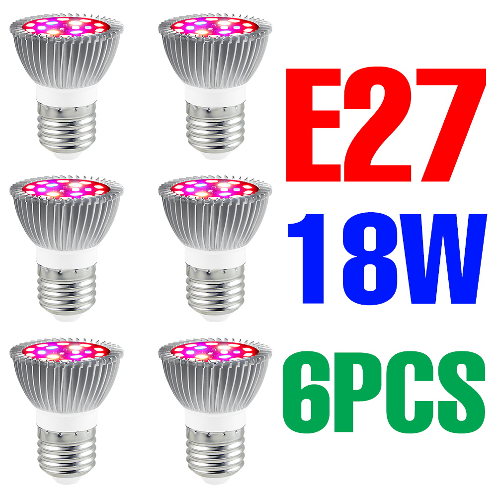 Espectro completo e27 planta led crescer lâmpada e14 220v lâmpadas fito estufa iluminação 18w 28 30 50 80 100 phyto sementes de flores lâmpadas: E27 18W 6PCS