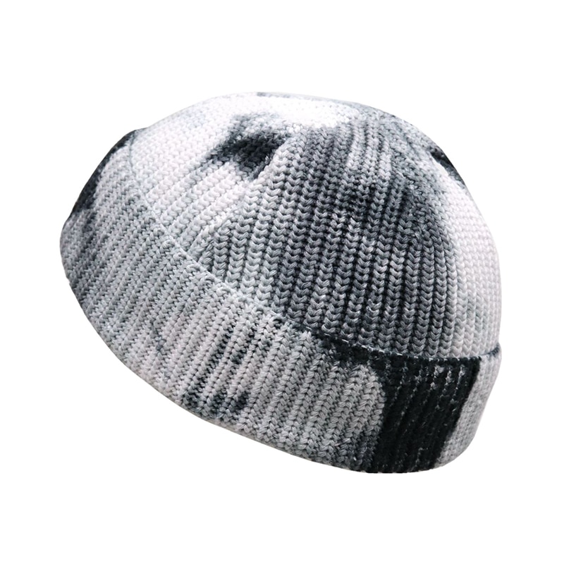 Unisex Autumn Winter Tie-Dye Ribbed Knitted Hat Soft Cuffed Short Melon Cap Men Women Sailor Style Beanie Hat