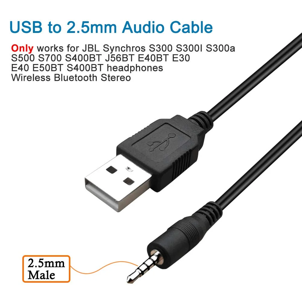USB to 2.5mm Male Charging Cable for JBL Synchros S400BT J56BT E40BT E50BT S700 Harman Kardon Harkar BT Harkar-BT Headphones