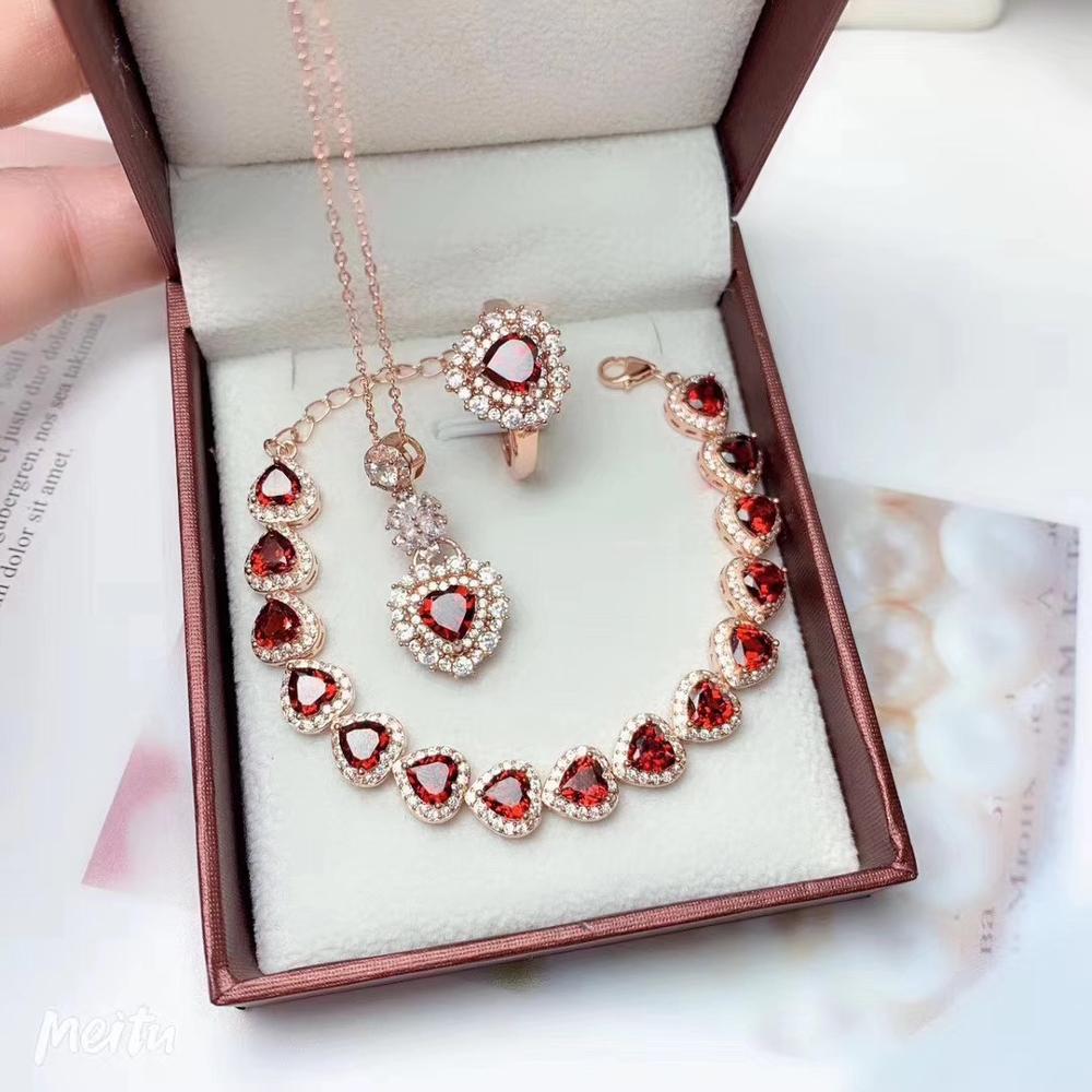 MeiBaPJ naturel grenat pierres précieuses ensemble de bijoux pour les femmes réel 925 en argent Sterling collier Bracelet anneau breloque Fine bijoux de mariage