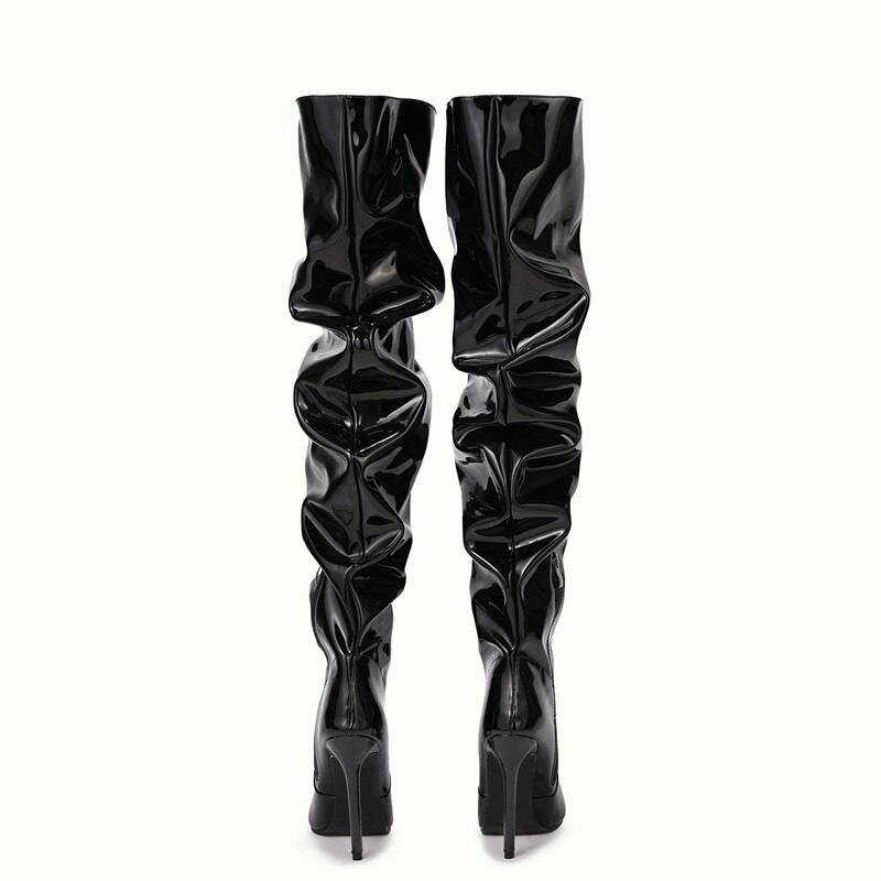Rihanna style Women Thigh high boots pleated Ultra high heels Ladies Long Boots Patent leather Female boots Shoes