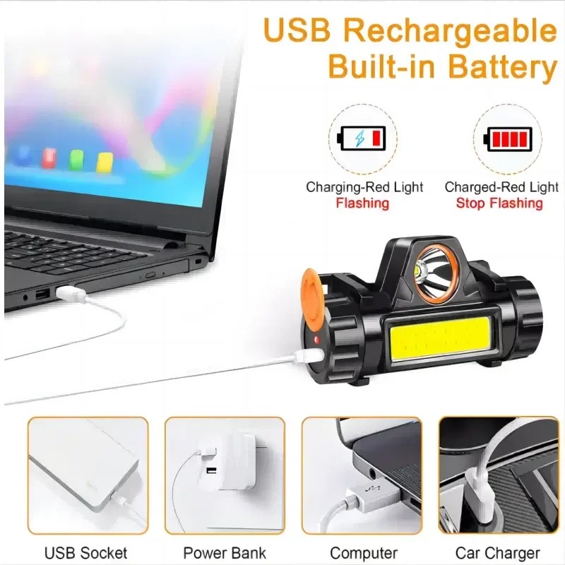 Bærbar mini kraftfuld led-pandelampe xpe+cob usb genopladelig jagtpandelampe vandtæt pandelampe med magnetisk hale