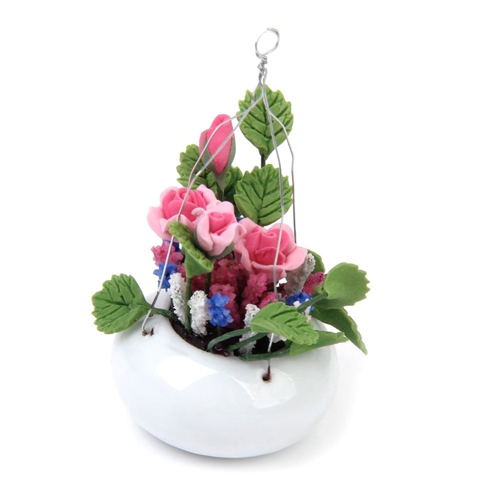 ABWE Beste 1:12 Poppenhuis Woondecoratie Miniatuur Klei Rose Bloem met Keramische Opknoping Pot