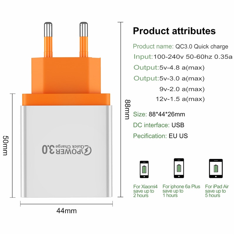 USLION Quick Charge 3.0 USB Charger Travel Wall Fast Charging Adapter For iPhone 7 XS Samsung Xiaomi Tablets Mobile Phone Type C