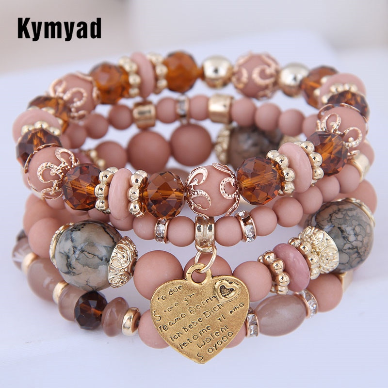 Kymyad-pulsera Bohemia multicapa para mujer, brazalete de cuentas de resina, bisutería Vintage, abalorio de corazón, joyería para mujer, 4 unids/set/Set