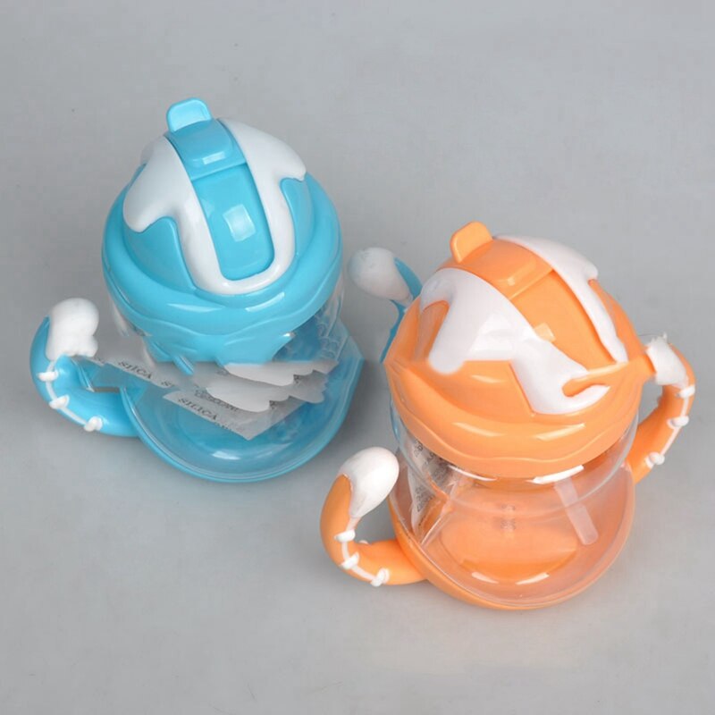 2 st 320ml nappflaska silikon barn träningsmuggar baby dricksvatten sugrör handtag nappflaska - orange & blå