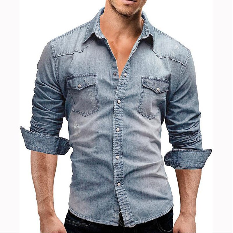 Menn casual denim skjorter merkevare langermet skjorte herre ensfarget slim fit dress skjorter camisa masculina streetwear topper: Lyse blå / Asiatisk størrelse 3xl 185cm