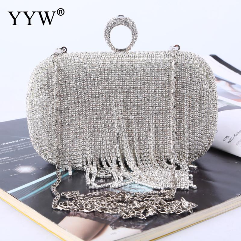 Pochette à pompon en strass pour femmes, Vintage, épaule, argent, , fête de mariage, chaîne, soirée