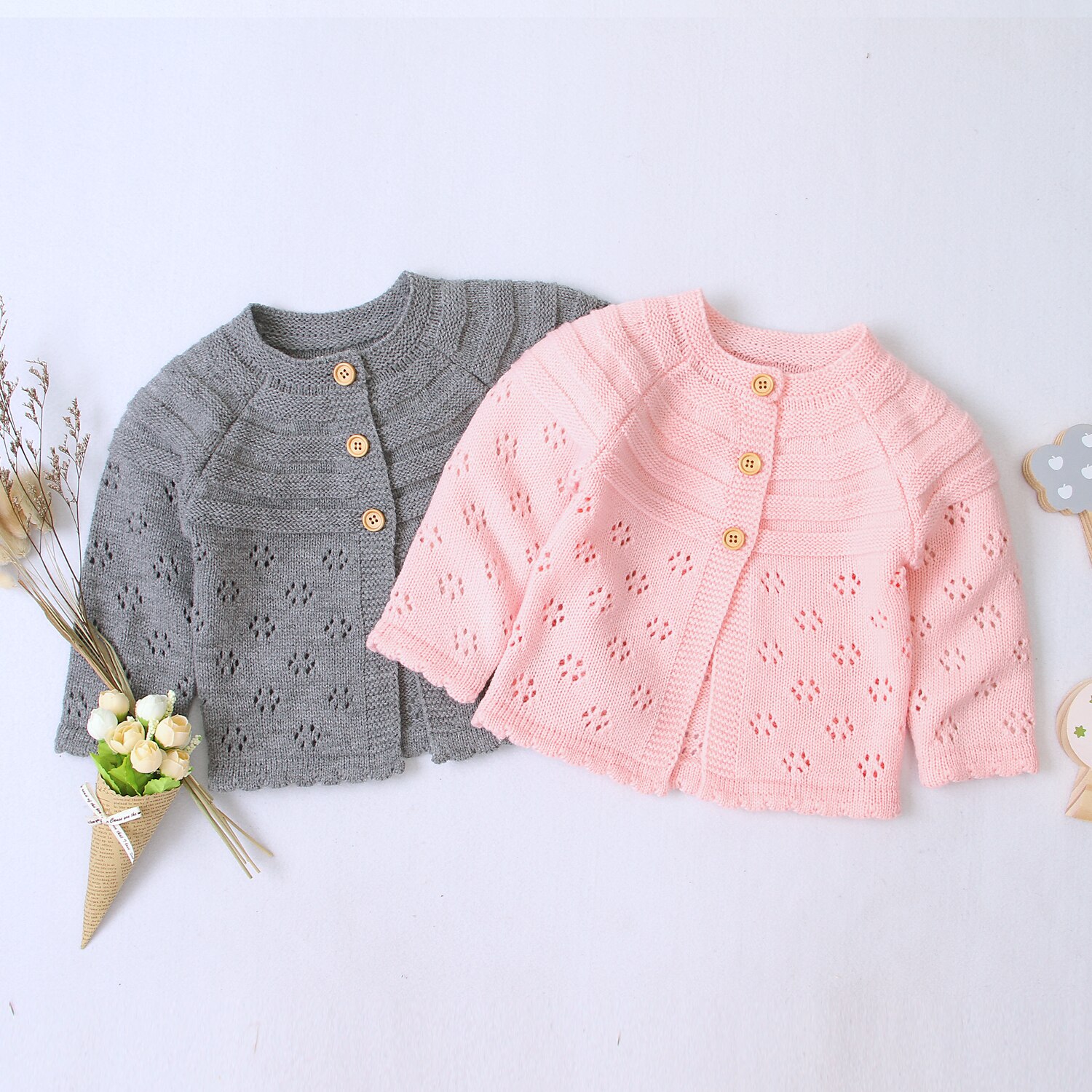 bébé filles automne hiver Cardigan chandails enfant en bas âge boutonné creux points fleur tricoté vêtements d'extérieur