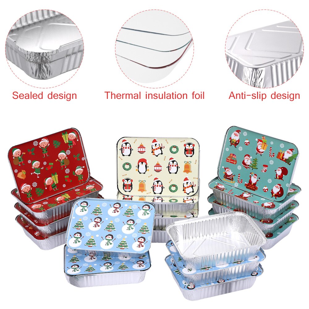 Hemoton 20Pcs Kerst Folie Pannen Met Deksels Wegwerp Voedsel Containers Rechthoekige Folie Pannen Met Covers Voor Bakken Koken Warmte