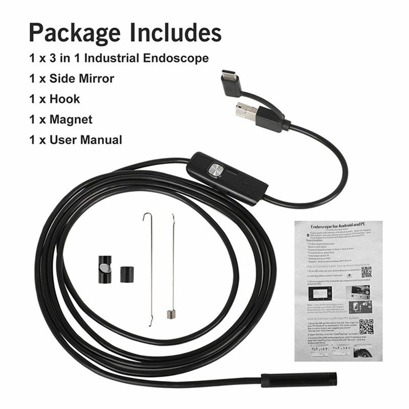 2m 3IN1 USB Dual Endoscope Camera HD Hard Cable Inspection Camera 8mm 6 LED Borescope for Android PC Endoscope