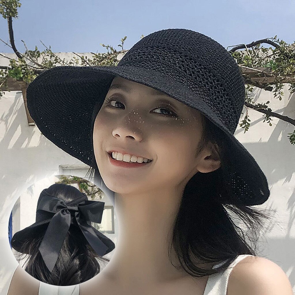 Chapeaux de soleil pour les femmes chapeau d'été chapeau de paille visière décontracté large bord disquette pliable solide été soleil plage chapeau T424: BK