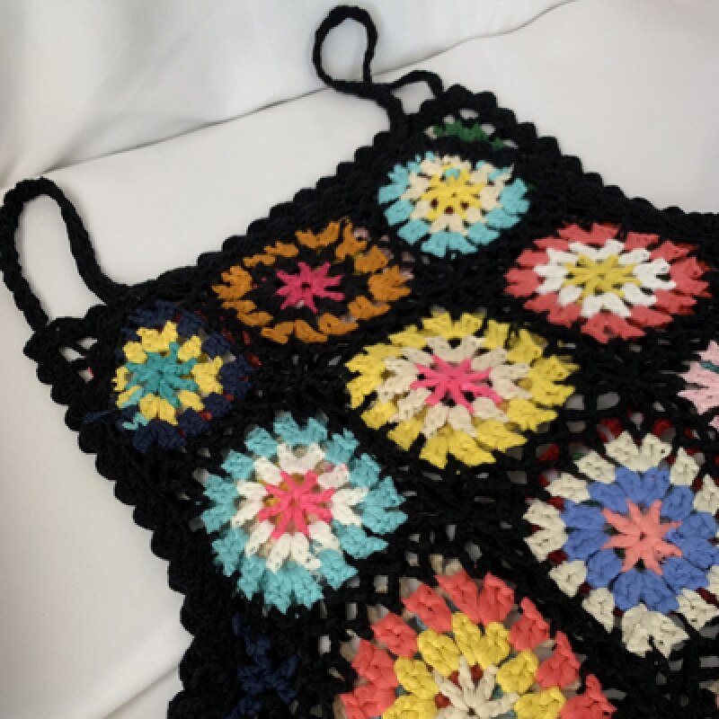 Handmade Crochet Bohemian Tops and Skirt Two-Pieces Suit Mini Dress Vintage Women Beach Cover up Chic Skirt A532: Top