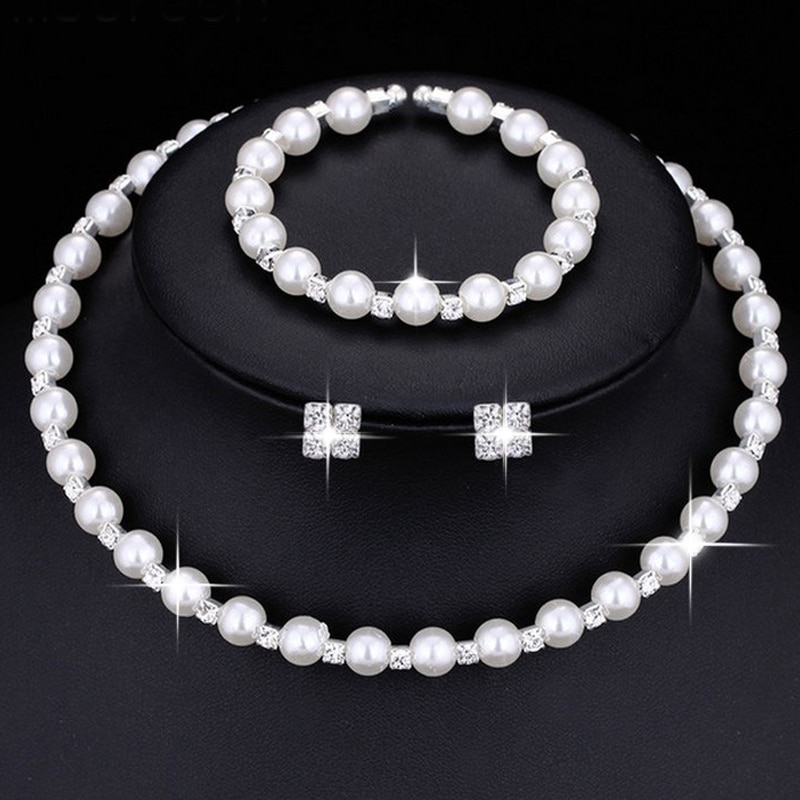 Charm Wedding Bridal Jewelry Set Pearl Party Prom Crystal Bracelet Necklace Earrings for Women jewellery sets