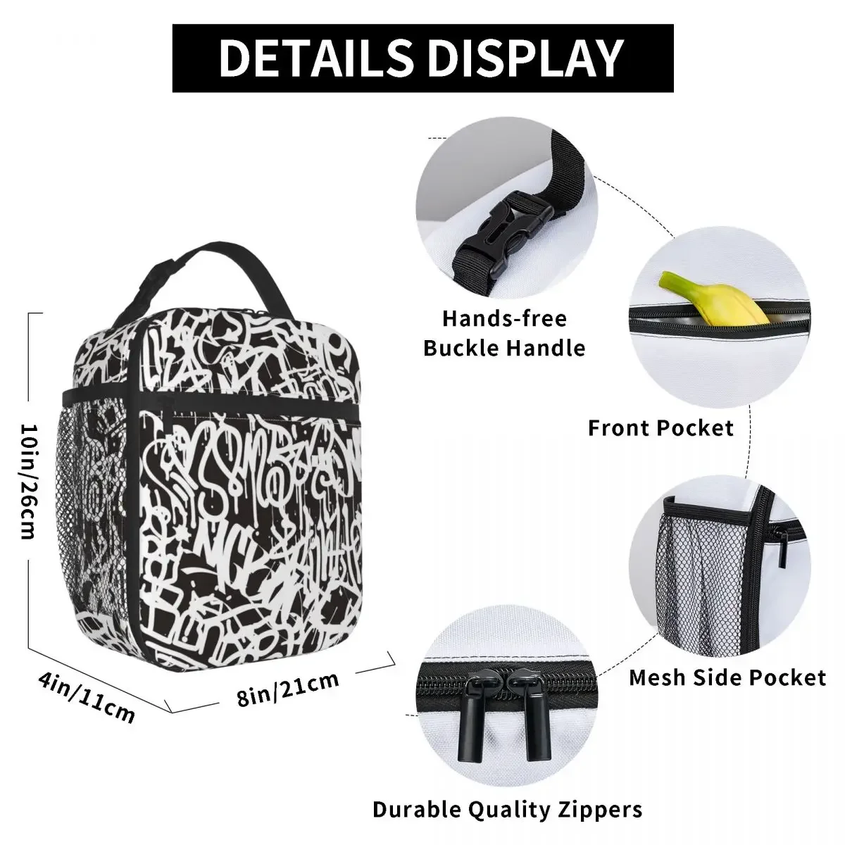 Lunch Bag Abstract Graffiti Convenient Lunch Box For Women Black And White Office Cooler Bag Oxford Thermal Lunch Bags
