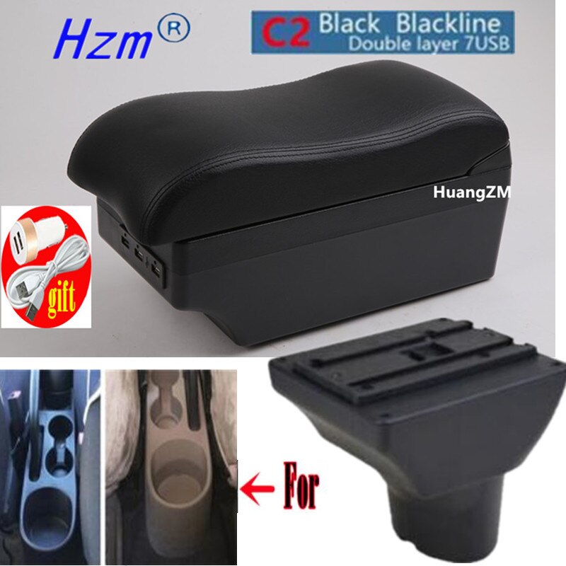 For Hyundai I20 Armrest Interior Parts special Retrofit parts Car Armrest Center Storage box with USB LED light Curved surface: C2 black line 7USB
