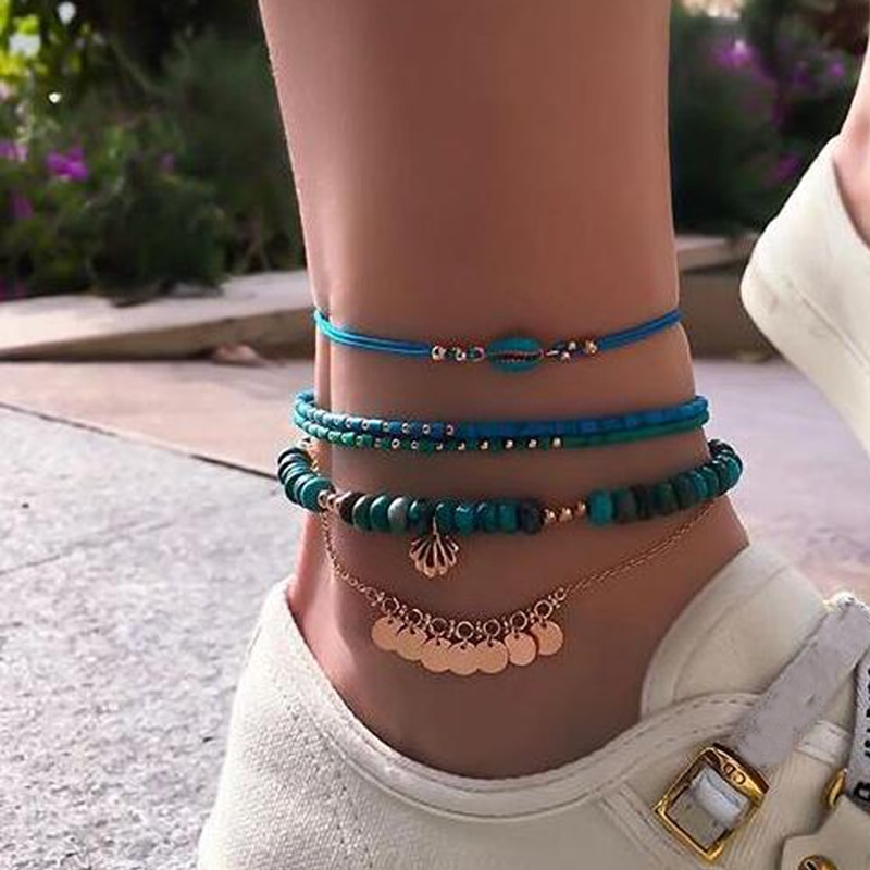 Docona 4Pcs Boho Shell Kralen Enkelbandje Set Voor Vrouwen Multilayer Verstelbare Sequin Hanger Voet Ketens Strand Sieraden Tobillera 8792