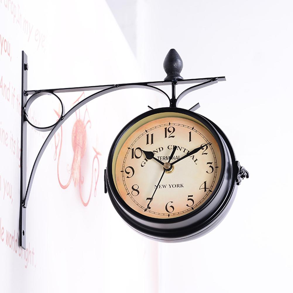 HiMISS Double Sided Hanging Clock Wrought Iron Station Clock Garden Retro Bracket Mounted Outdoor Indoor Home Garden Wall Clock