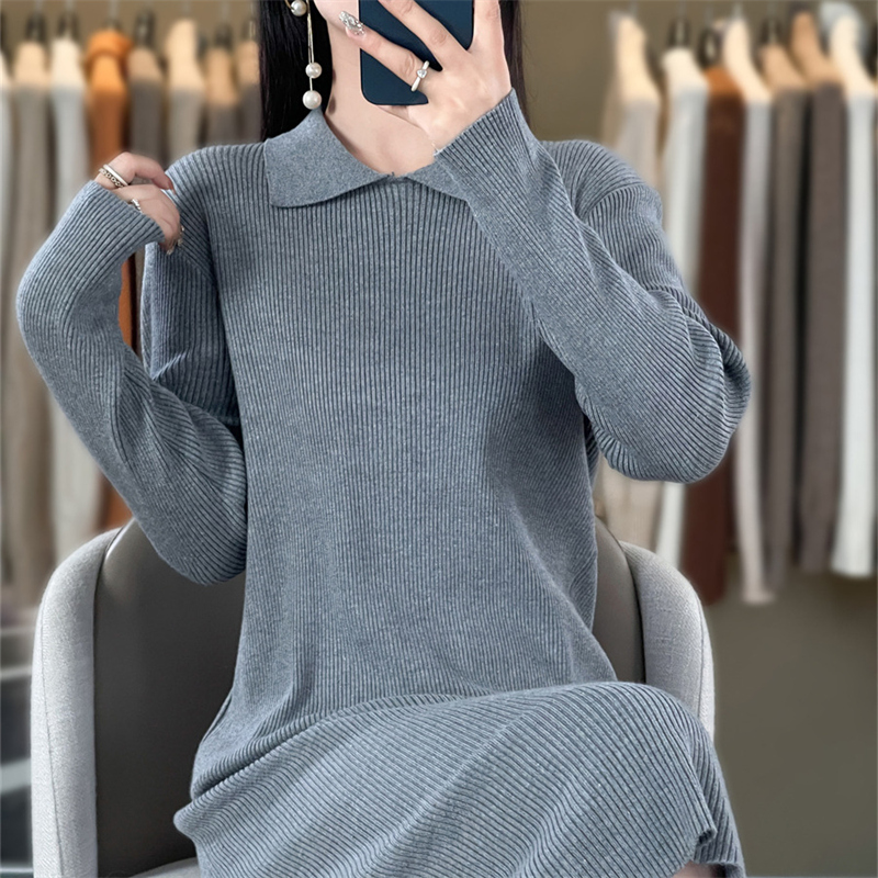 Women's boutique POIO collar long sleeved dress autumn and winter knitted cashmere sweater Women's solid color pullover long