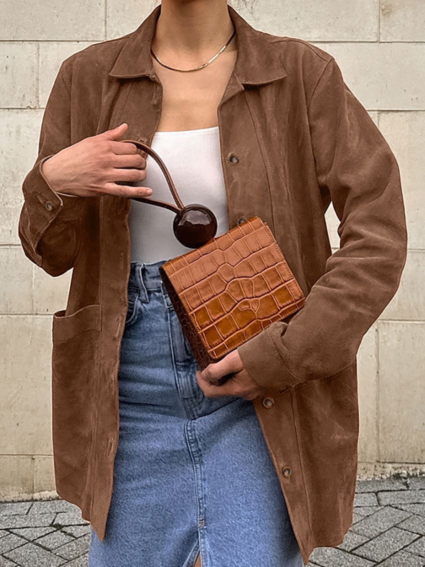 Giacca Casual in pelle scamosciata con tasca con risvolto marrone donna 2024 cappotto a maniche lunghe con bottone singolo moda donna autunno Street Outwear