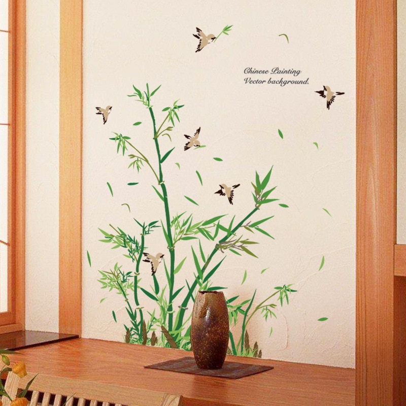 Chinese Stijl Bamboe Vinyl Muursticker Woonkamer Badkamer Decoratie Vogels Glas Deur Home Decor Boom Muurstickers Stickers