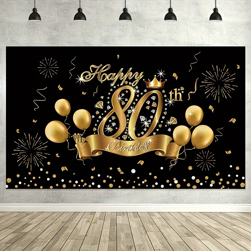 Decoración de feliz cumpleaños, decoración de feliz 80 cumpleaños, pancarta, telón de fondo, decoración de , cartel de 80 cumpleaños dorado negro: S