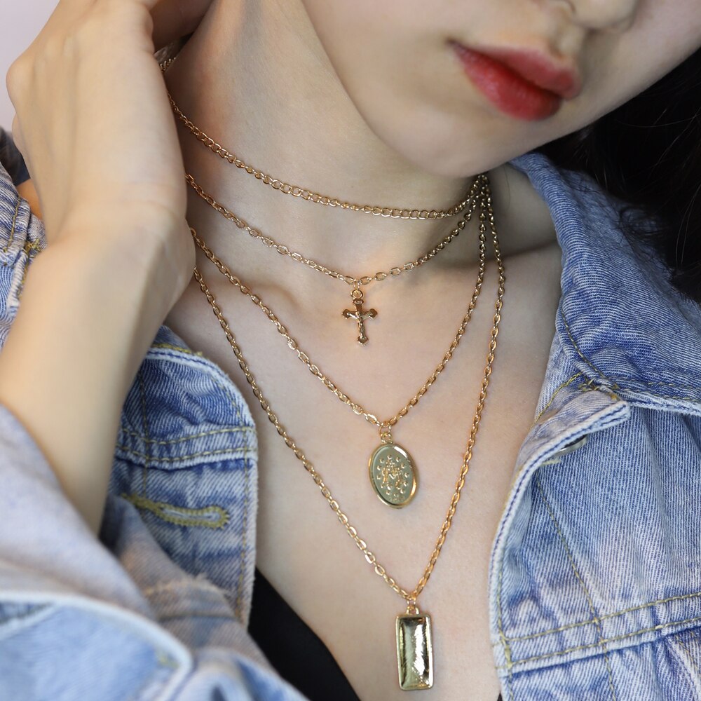 Punk Felsen Jahrgang mehrschichtig Anhänger Halskette Frauen Gold Farbe Perlen Kreuz Halsband Halsketten Kumpel Hüfte hüpfen Schmuck Neue
