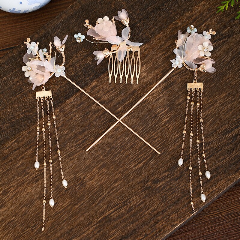 Chinese Long Hair Stick tiara Headpiece Women Hair Accessories Flower Crystal Pearl Hair Pins Handmade Hair Jewelry Accessories: GZ370