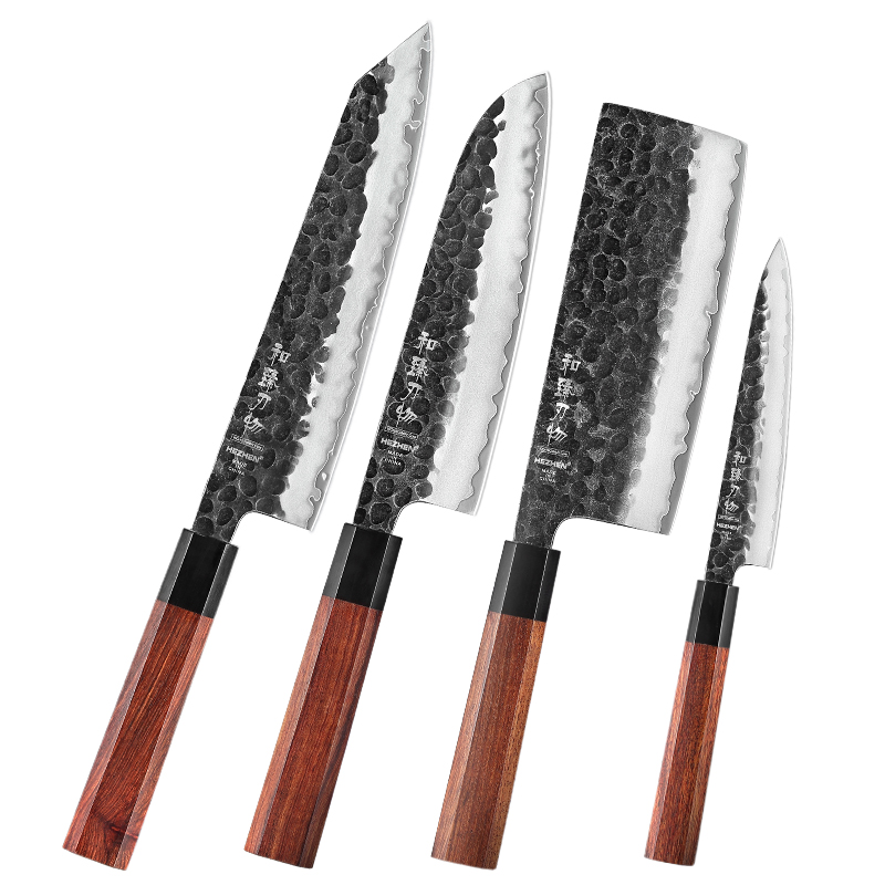 Hezhen 1-4pc kökskniv set skiva rostfritt stål komposit stål kock santoku nakiri verktyg rosenträ handtag låda