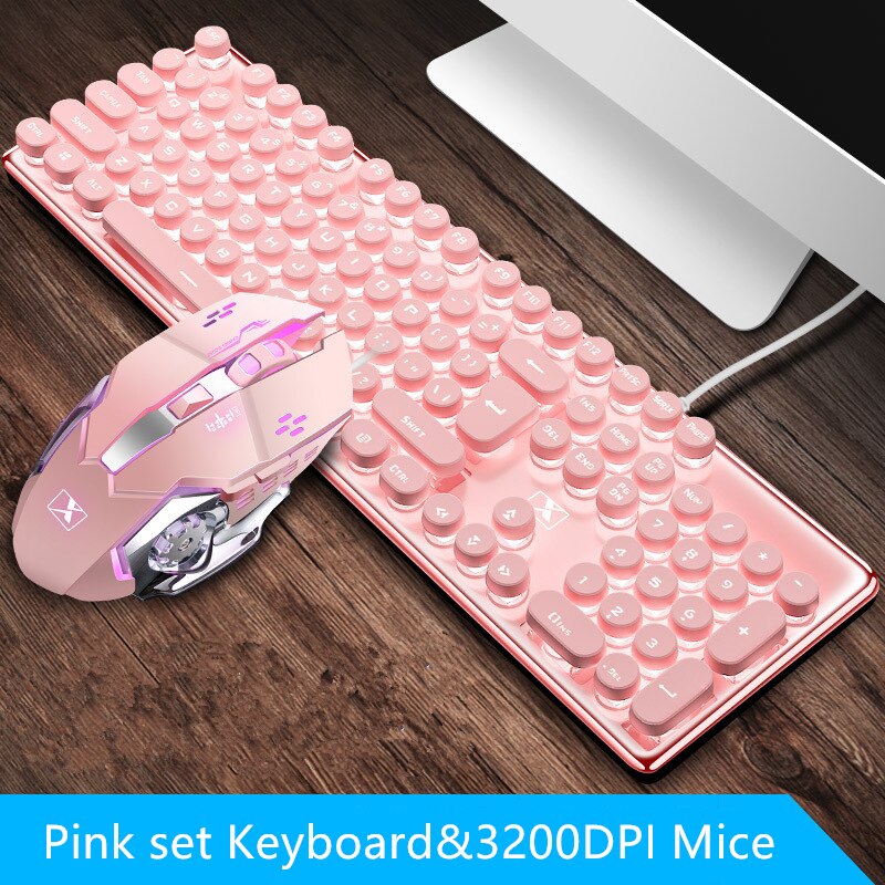 Clavier Gaming filaire, avec rétroéclairage, 3200Dpi, souris Gaming silencieuse, pour PC portable: Pink set