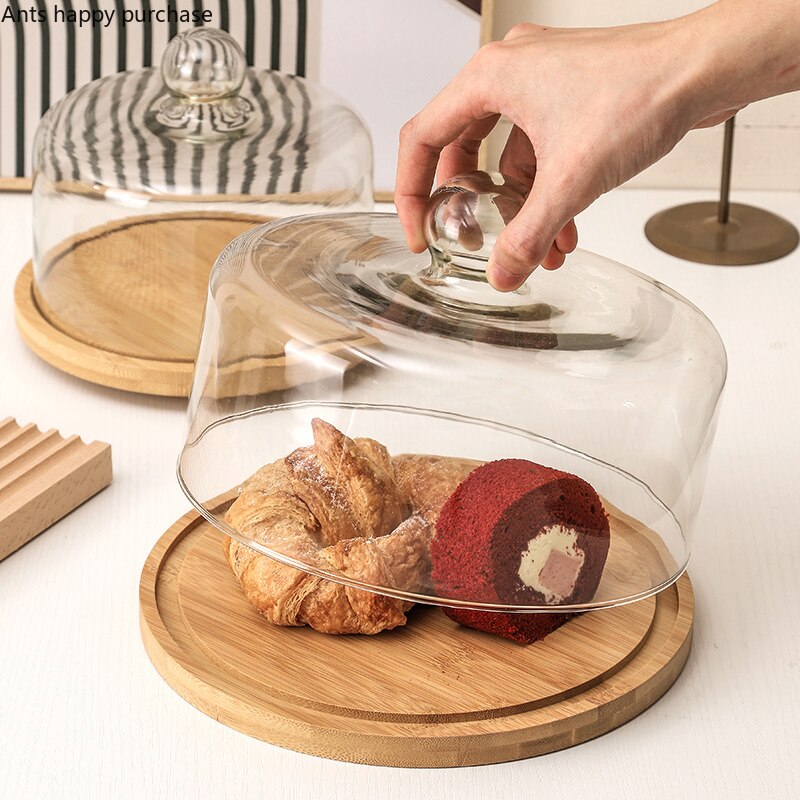 Wooden Cake Tray Glass Cover Rotatable Cake Stand Dessert Plate Bread Dim Sum Plate Cake Pan Snack Trays Decorative Display Tray
