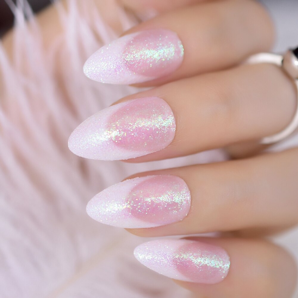 Céu azul holográfico unhas falsas stiletto, médio cromado espelho de plástico curva brilhar it a unha com cola: Z760