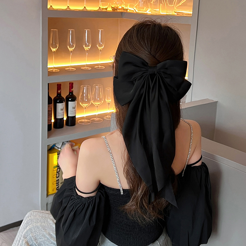 Grampo de cabelo grande laço para mulheres, monocromático cetim rabo de cavalo hairpin, streamer vermelho elegante, acessórios simples para meninas, moda: YELLOW