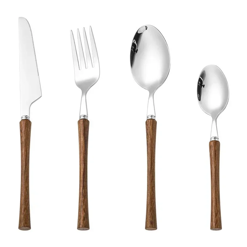 Stainless Steel Dinnerware Set Steak Knife Fork Spoon Tea Spoon Wooden Handle Cutlery Set Western Tableware Kichen Accessories: Default Title