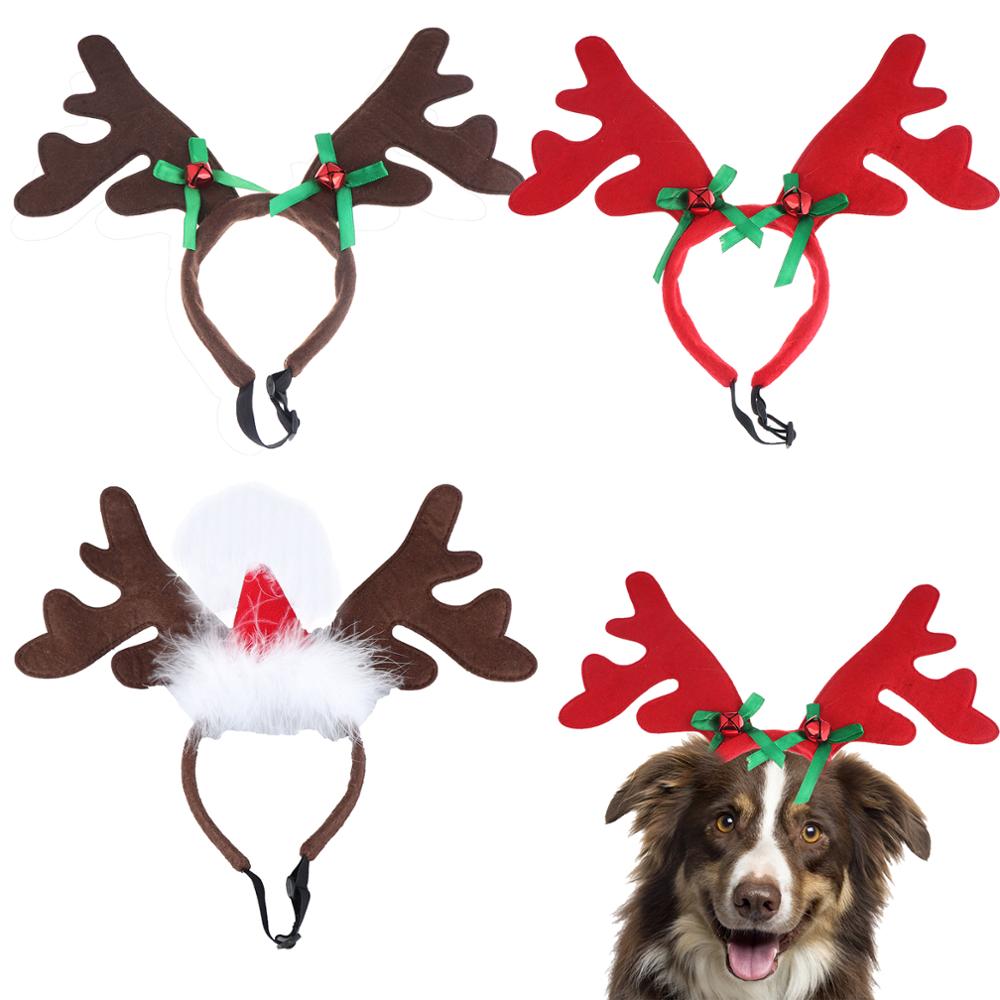 2 stk hund jul rensdyr gevir pandebånd med santa hat justerbar elastisk rem pandebånd klassisk hovedbeklædning fest kæledyr kostume: Mørk khaki