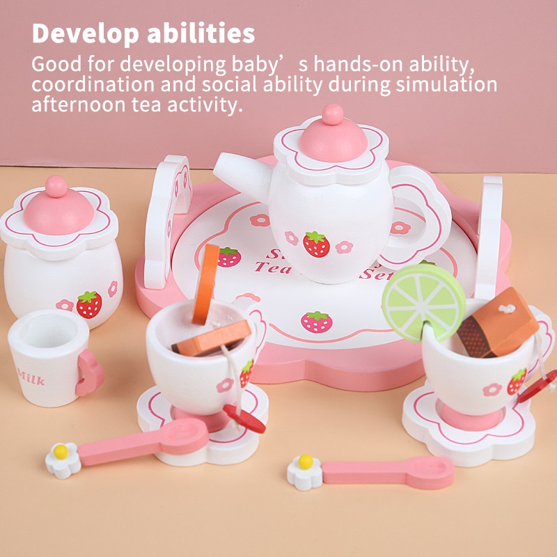 Simulation Wooden Kitchen Toy Tea Set Toy Pink Strawberry Afternoon Tea Tea Set Educational Toys