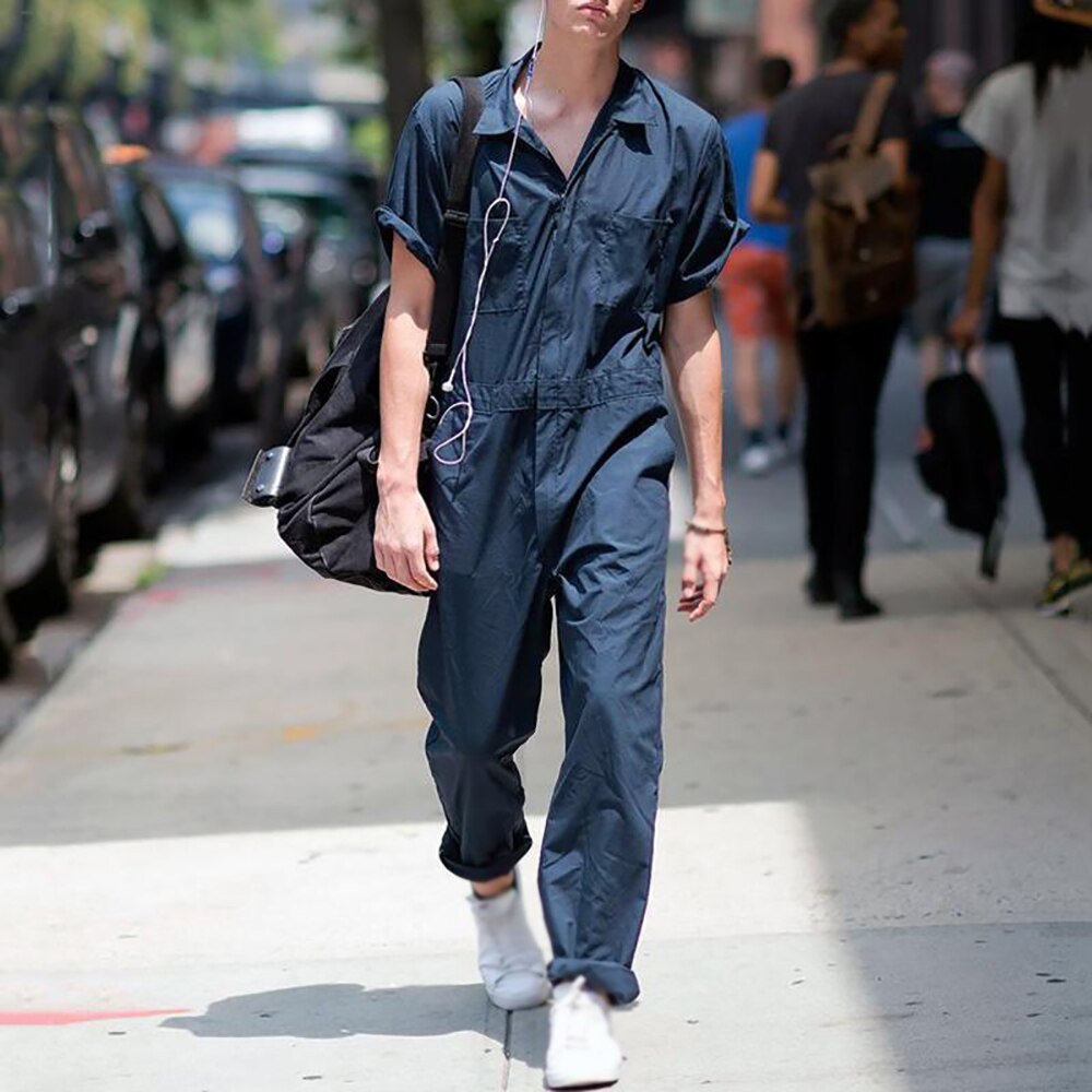 Dungaree jumpsuit herre sommer jumpsuits korte ærmer playsuits med knapper: L / Blå