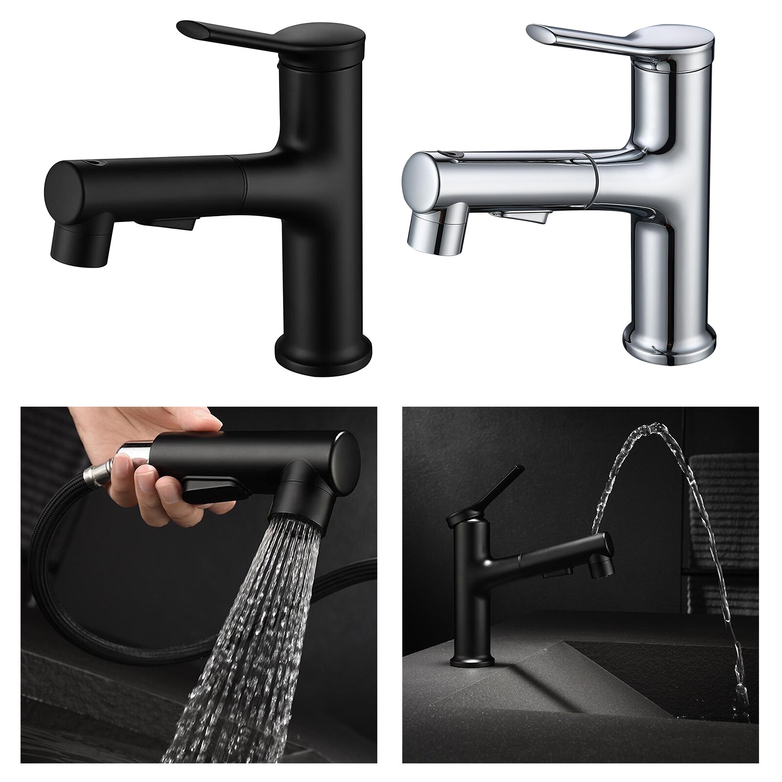 Bathroom Pull Out Faucet Sink with Sprayer, Single Handle One Hole Basin Mixer