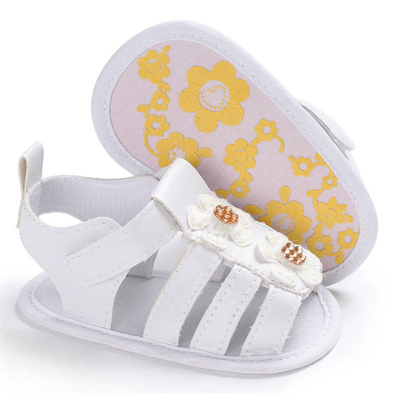 Sandales pour -né, semelle en coton antidérapante, motif de fleurs blanches, chaussures d'été pour les premiers pas des bébés de 0 à 2 ans