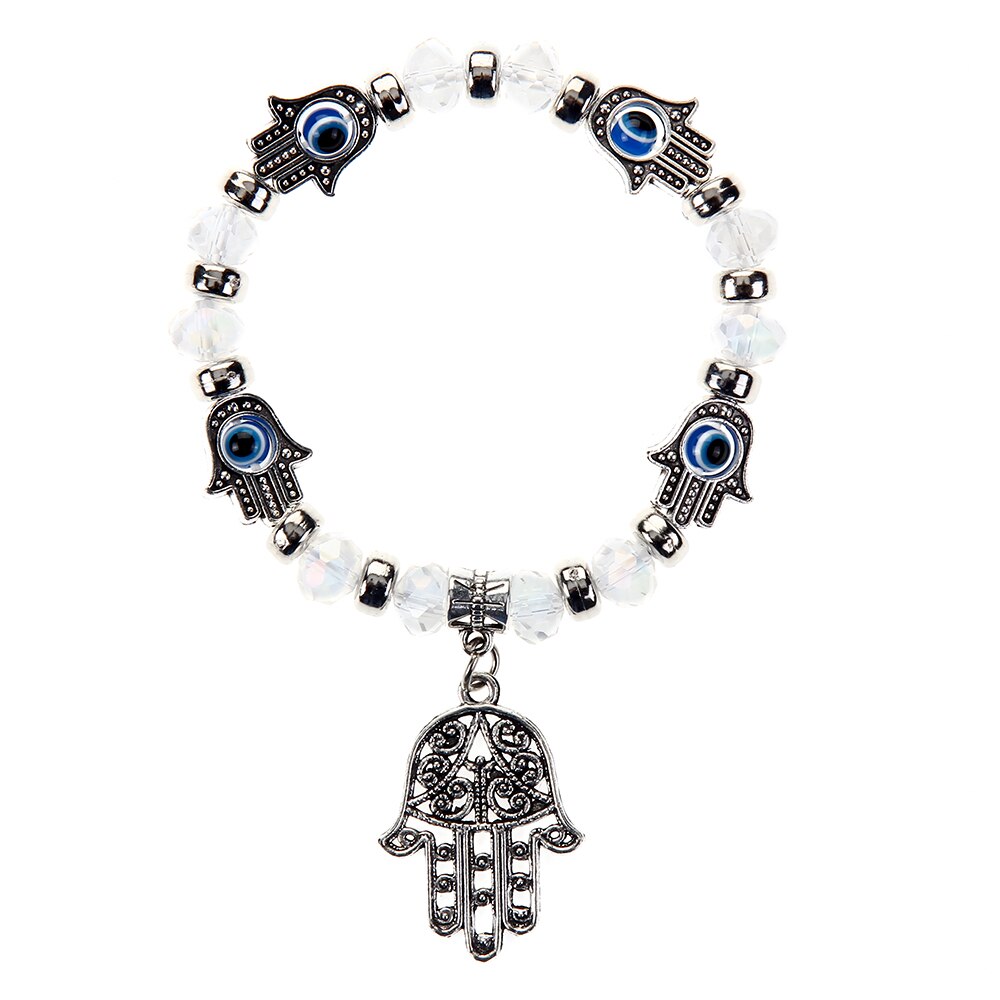 Bracelet élastique mauvais œil turc pour hommes, breloques en cristal, main de Fatima, perlé, réglable, bijoux de Yoga,: D