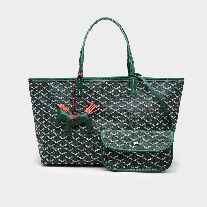 Style Korea Trendy Dog Tooth Tote Bag Size Picture-Mother Bag Waterproof PU Large-Capacity Shopping Bag: Large green