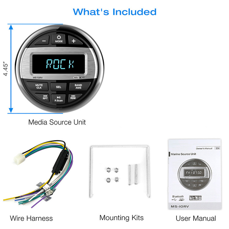AKAMATE-Radio para barco, reproductor multimedia MP3, Radio marina, estéreo, resistente al agua, Bluetooth, AUX, Audio, receptor FM AM para UTV, ATV, SPA, RZR: Negro