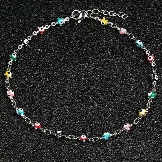 Nova chegada esmalte estrelas pulseiras feminino aço inoxidável colorido encantos tornozeleira pulseiras com extensão: Mixed Silver / 22cm with Extension