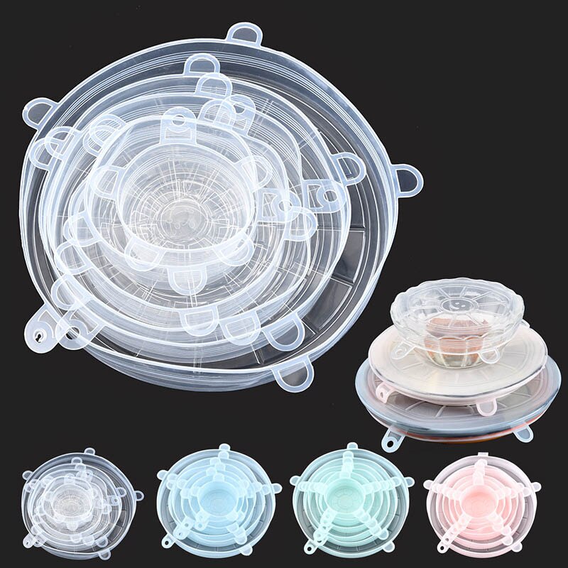 Tapas elásticas de silicona reutilizables, tapa universal de silicona para envolver alimentos, tapa para cuenco, tapa para olla, tapa de sellado, sartén, tapones de cocina, 6 uds.
