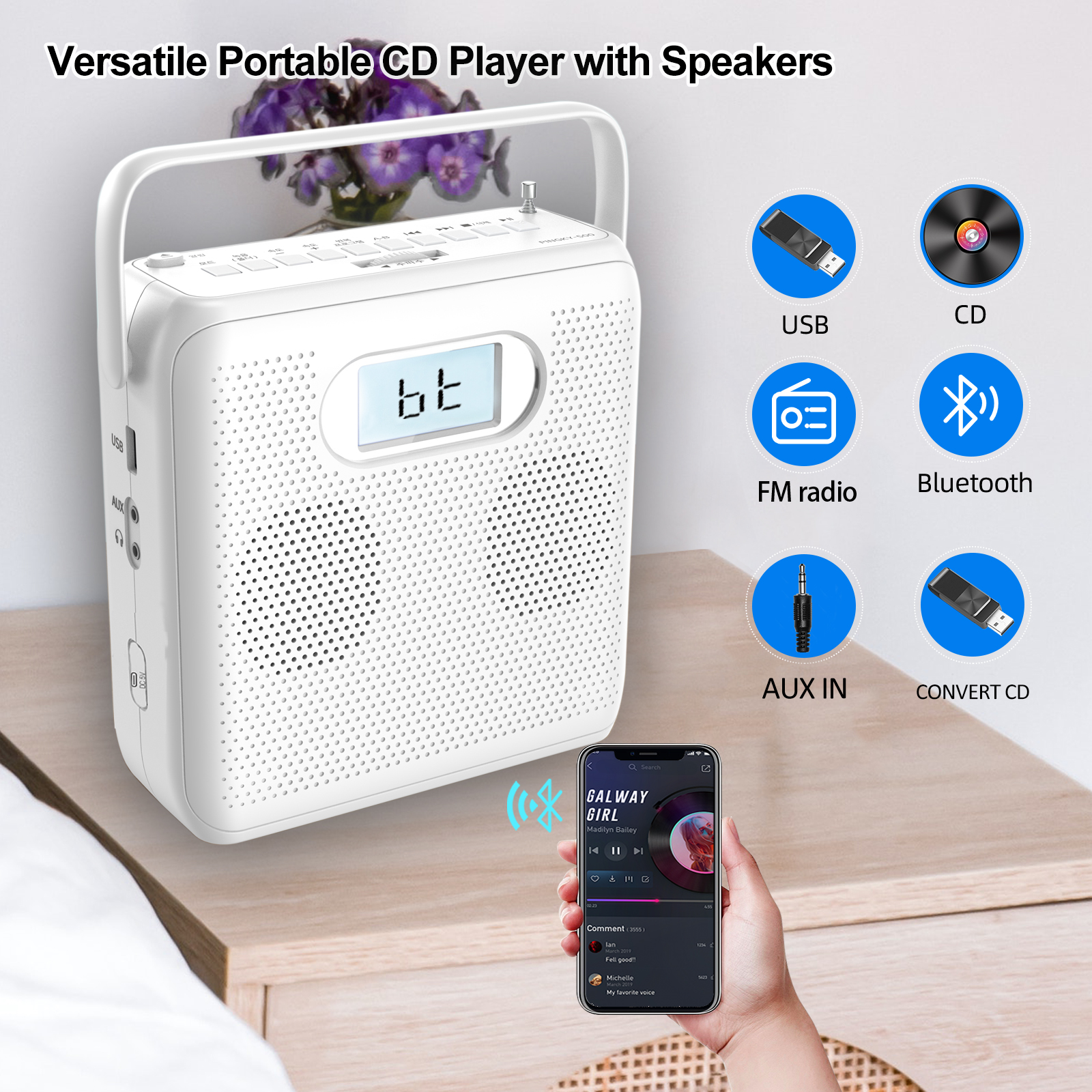 Leitor de CD portátil Bluetooth com alto-falantes USB/MP3 e rádio FM design vertical com DC 5V e bateria