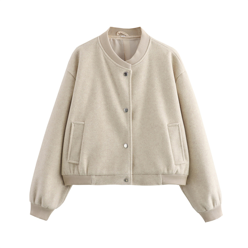 Traf damejakke cropped bomberjakker til kvinder beige sort tweedjakke dame med lange ærmer i korte frakker: L / Beige