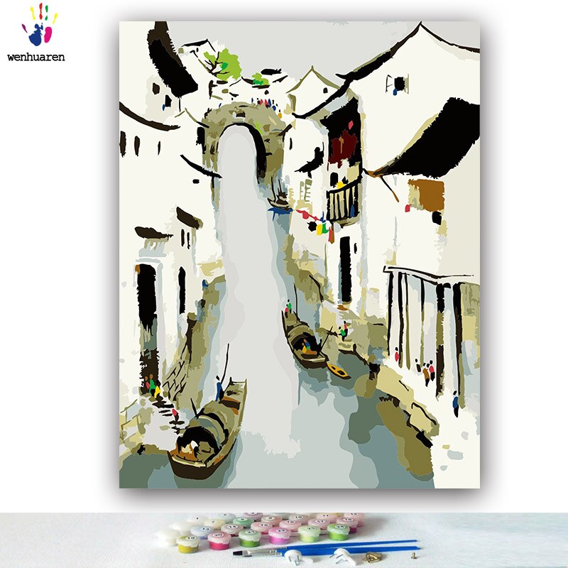 Bricolage colorations photos par numéros avec des couleurs Jiangnan eau ville style chinois image dessin peinture par numéros encadré maison: 7561 / 50x60 no frame