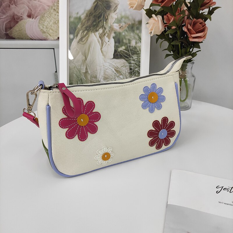 Summer Ladies Retro Flower Underarm Handbag Baguette Underarm Bag Ladycanvas Shoulder Bag Cute Contrast Color Purse Handbag